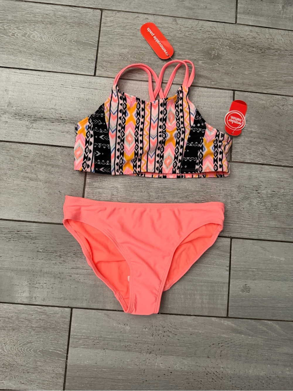wonder nation Coral Pink & Multicolor Aztec Girls' Tankini
